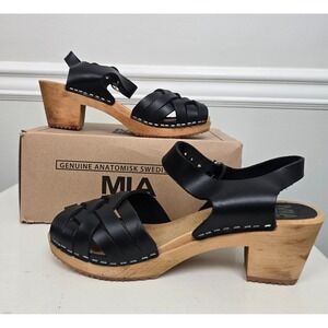 NEW MIA Womens Swedish Black Leather Clog Sandals Size 8 Betty  Wood Heel Retro